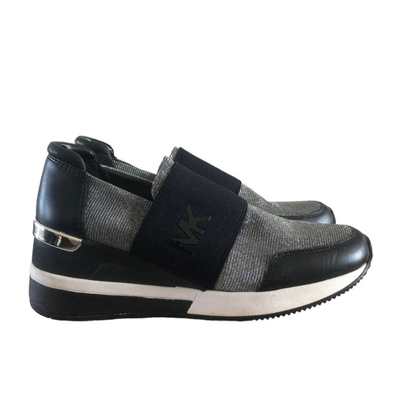 Michael Kors Black & Silver Felix Leather Trainer Sneakers 6 - Picture 1 of 6